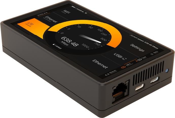 HLS-HWE1000 Hardware Encryptor — OLED touchscreen showing 638 Mbps active throughput