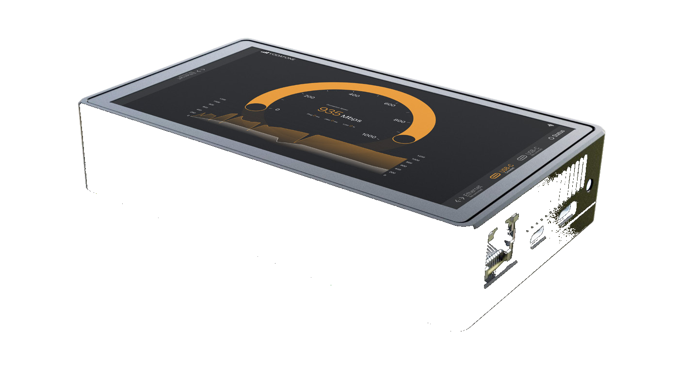 HLS-HWE1000 Hardware Encryptor — OLED touchscreen showing 638 Mbps active throughput